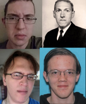 Clockwise from top left: Patrick Crusius, H.P. Lovecraft, Thomas Matthew Crooks, "Doreen" Ford.